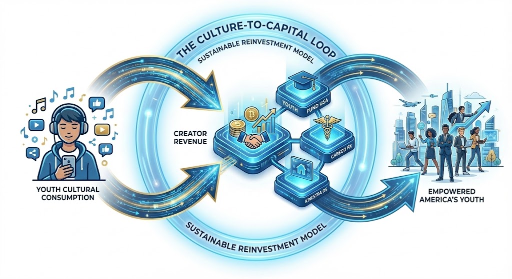 The Three-Platform Reinvestment System: Youth cultural input, Creator Revenue, reinvestment engine, three platforms (YFUSA, CareGoRX, KinestraOS), and empowered youth output